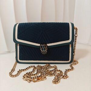 BVLGARI Serpenti Forever Quilted Velvet Chain Bag Teal with White Trim